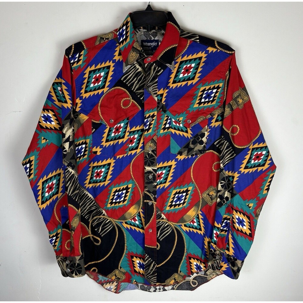 Vintage Wrangler Button Up Shirt / Aztec Print Cowboy Cut / X Long Tail / 16-35